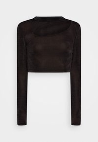 Långärmad kort topp i svart, tillverkad av ett mjukt, lätt tyg. Har en snittdesign framtill för extra detalj.