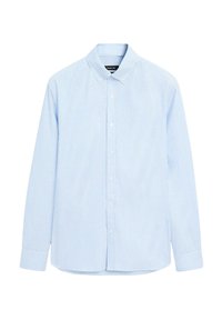 Hellblau-weißer gestreifter Button-Down-Hemd. Merkmale einen spitzen Kragen, lange Ärmel, einen geraden Saum und weiße Knöpfe. Weicher Baumwollstoff.