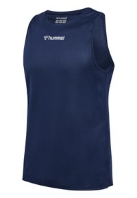 Mörkblå ärmlös träningsskjorta med texturerad tyg och rund halsringning. Har en vit logotyp på framsidan. Maskintvättbar.