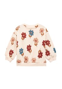 Licht beige sweatshirt met een herhaald bloemmotief in rood, blauw en bruin. Het heeft lange mouwen en een ribbelknip en zoom.