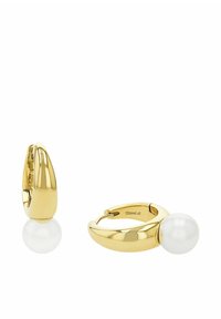 Pendientes de aro chapados en oro con un detalle de perla blanca lisa y redonda. El diseño es elegante, con un acabado brillante y forma redondeada.