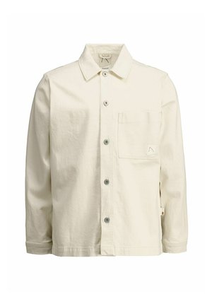 Lichtbeige overhemdjack van katoen, met een puntkraag, knoopsluiting aan de voorkant, één borstzak en een klein logoaccent.