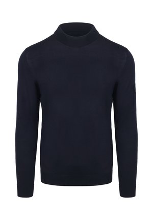 Marineblauwe turtleneck trui met lange mouwen, geribbelde kraag en manchetten, een soepele textuur en een ritszak op de linkerarm.
