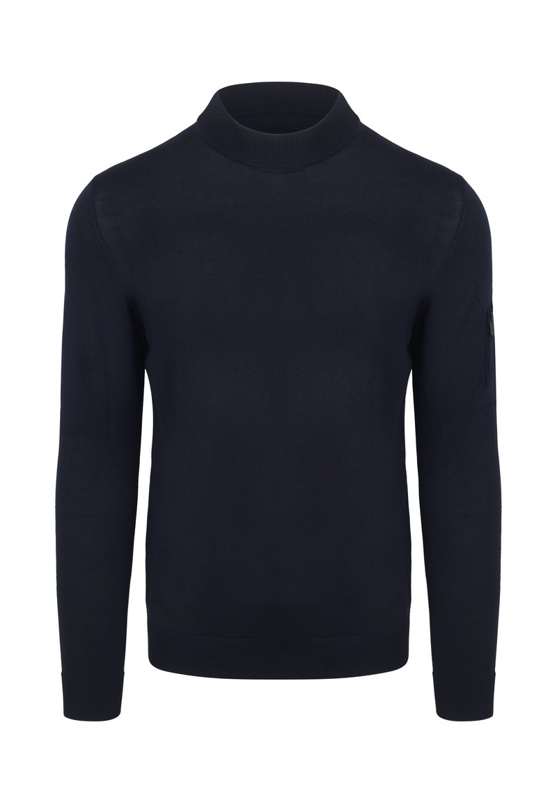 Marineblauwe turtleneck trui met lange mouwen, geribbelde kraag en manchetten, een soepele textuur en een ritszak op de linkerarm.