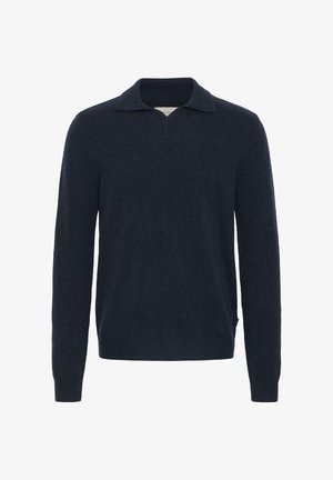 Námornícky modrý pletený sveter s výstrihom do V a golierom, dlhými rukávmi a bočnými rozparky na leme pre väčší komfort a prispôsobenie. Mäkko štruktúrovaná tkanina.