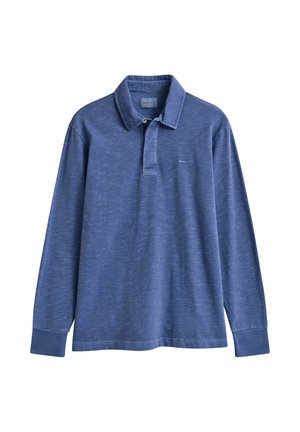 Langärmeliges, blaues Poloshirt mit Kragen und Knopfleiste, versehen mit einem kleinen „GANT“-Logo auf der Brust.