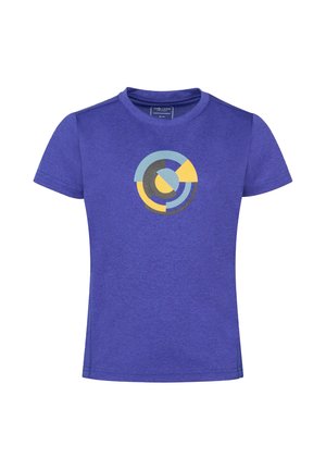 Blue short-sleeve t-shirt with round neck and a circular geometric design in yellow, light blue, and dark gray on the chest.