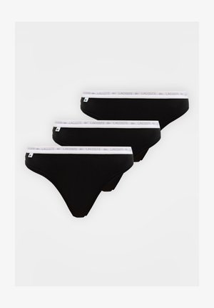 Trije črni spodnji hlački v slogu aktovke z belimi elastičnimi pasovi, na katerih je napis "Lacoste" in logotip krokodila na belem ozadju.