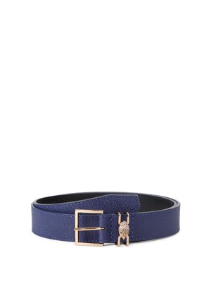 Ceinture en cuir texturé bleu marine avec une boucle rectangulaire dorée et un petit détail décoratif en forme de tête d'animal dorée près de la boucle.