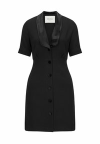Schwarzes Kurzarmkleid mit satinierter Schalkragen, Knopfleiste und einer taillierten Silhouette mit geradem Rock.