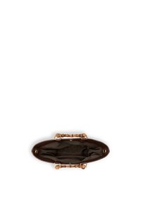 Brun læderhåndtaske med bambusstilshåndtag, set oppefra, der viser et tomt stofforet inderrum og guldfarvede detaljer.