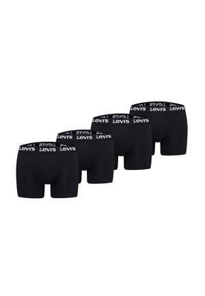 Vier Paar schwarze Levi's Boxershorts mit gebrandeten elastischen Bund, angeordnet in versetzter Reihe auf weißem Hintergrund.
