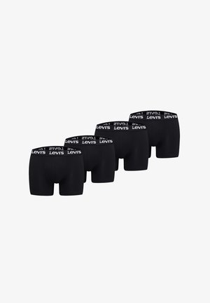 Vier Paar schwarze Levi's Boxershorts mit gebrandeten elastischen Bund, angeordnet in versetzter Reihe auf weißem Hintergrund.