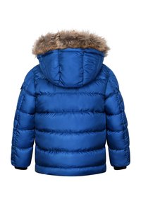 Blauwe pufferjack met een capuchon met bontrand, met een geborduurd ontwerp, elastische manchetten en een gladde, glanzende afwerking.