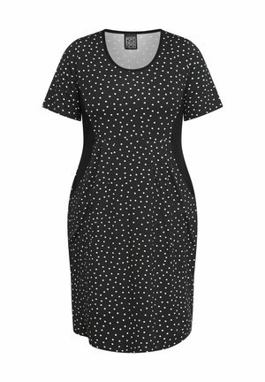 Czarna sukienka w białe kropki, krótki rękaw, okrągły dekolt i boczne kieszenie. Miękka tkanina o lekko rozszerzanym kształcie.