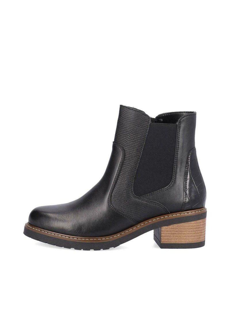 Bottines en cuir noir avec panneaux élastiques sur les côtés, accents texturés et talon en bois carré. Fini lisse avec des détails de surpiqûres contrastées.