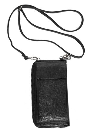 Black leather crossbody wallet with a textured finish, zip closure, front flap pocket, and adjustable strap.