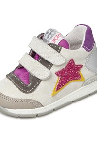 Sneaker per bambini in suede e tessuto di colore bianco, viola e grigio, con una stella glitter rosa e dettagli gialli, dotata di doppie fibbie in Velcro.