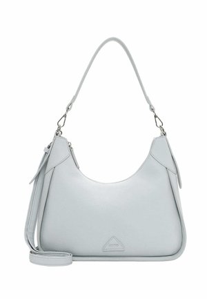 Light grey leather shoulder bag with curved top, detachable straps, and silver metal clasps.