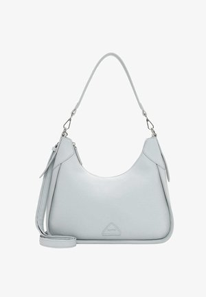 Sac d'épaule en cuir gris clair avec dessus incurvé, bandoulières détachables et boucles en métal argenté.