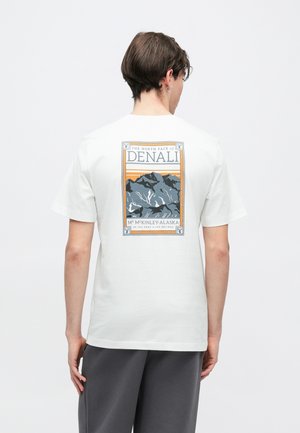 Witte katoenen T-shirt met een kleurrijke afbeelding van bergen en de tekst "Denali" op de achterkant. Korte mouwen en een losse pasvorm.
