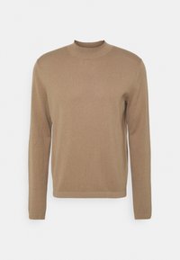 Maglione a maniche lunghe color cammello con scollo rotondo, colletto, polsini e orlo a costine, esposto su uno sfondo bianco.