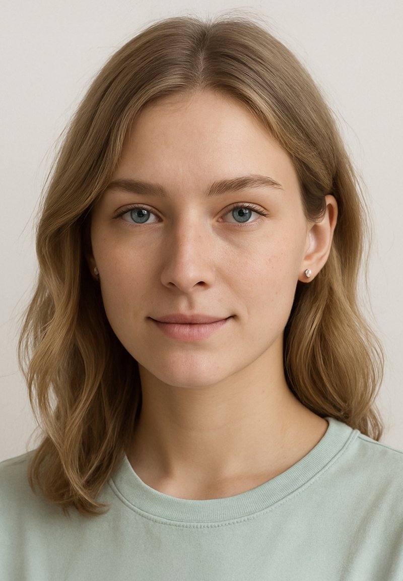 Giovane adulto con capelli biondi ondulati di lunghezza media, che indossa una camicia verde chiaro. Sono visibili piccoli orecchini d'argento. Sfondo neutro.