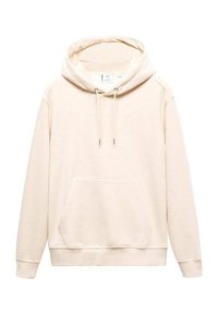 Sweat à capuche beige à manches longues, avec poche kangourou à l'avant et capuche à cordon.