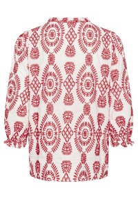 Weißes Blusenshirt mit rotem gesticktem Blumenmuster. Mit Puffärmeln und elastischen Bündchen. Runde Ausschnittöffnung mit lockerem Schnitt.