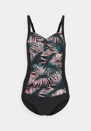 Maillot de bain une pièce avec un motif de feuilles tropicales en rose et vert sur un fond noir, doté de bretelles réglables et d'un design structuré.