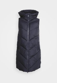 Chaleco acolchado azul marino, con cuello alto, cremallera frontal completa y patrón de acolchado en chevron. Textura suave y diseño sin mangas.