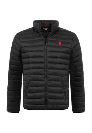 Black quilted jacket with front zipper, two snap-button pockets, and red U.S. Polo logo on the chest and inside collar.