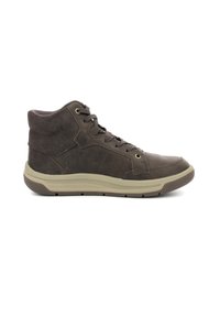 Bruine leren hoge sneakers met suede accenten, vetersluiting, gewatteerde kraag en een rubberen zool met een lichte tussenzool.