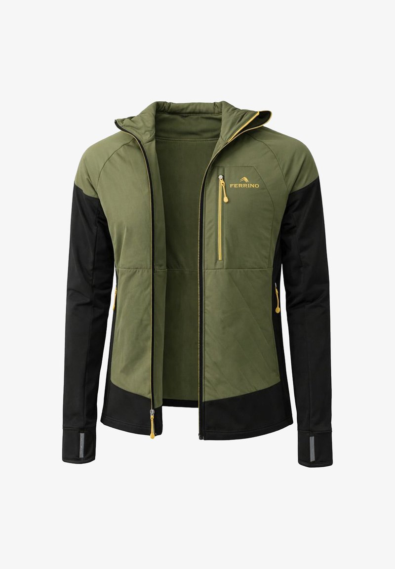 Veste softshell verte et noire avec fermetures éclair jaunes, poche poitrine, fermeture éclair frontale complète et détails réfléchissants sur les poignets des manches.