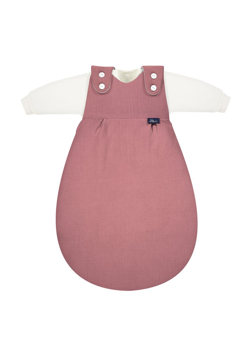 Pink sleep sack with long white sleeves, a round bottom, and button closures at the shoulders. Soft fabric with a smooth texture.