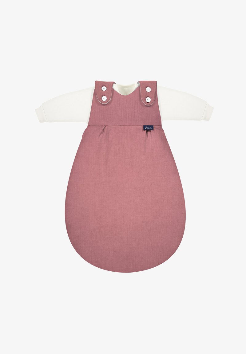 Pink sleep sack with long white sleeves, a round bottom, and button closures at the shoulders. Soft fabric with a smooth texture.