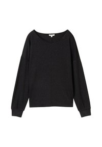 Schwarzer Pullover mit langen Ärmeln, weitem Ausschnitt, überschnittenen Schultern und lockerer Passform. Weicher Stoff mit minimalen Nähten.