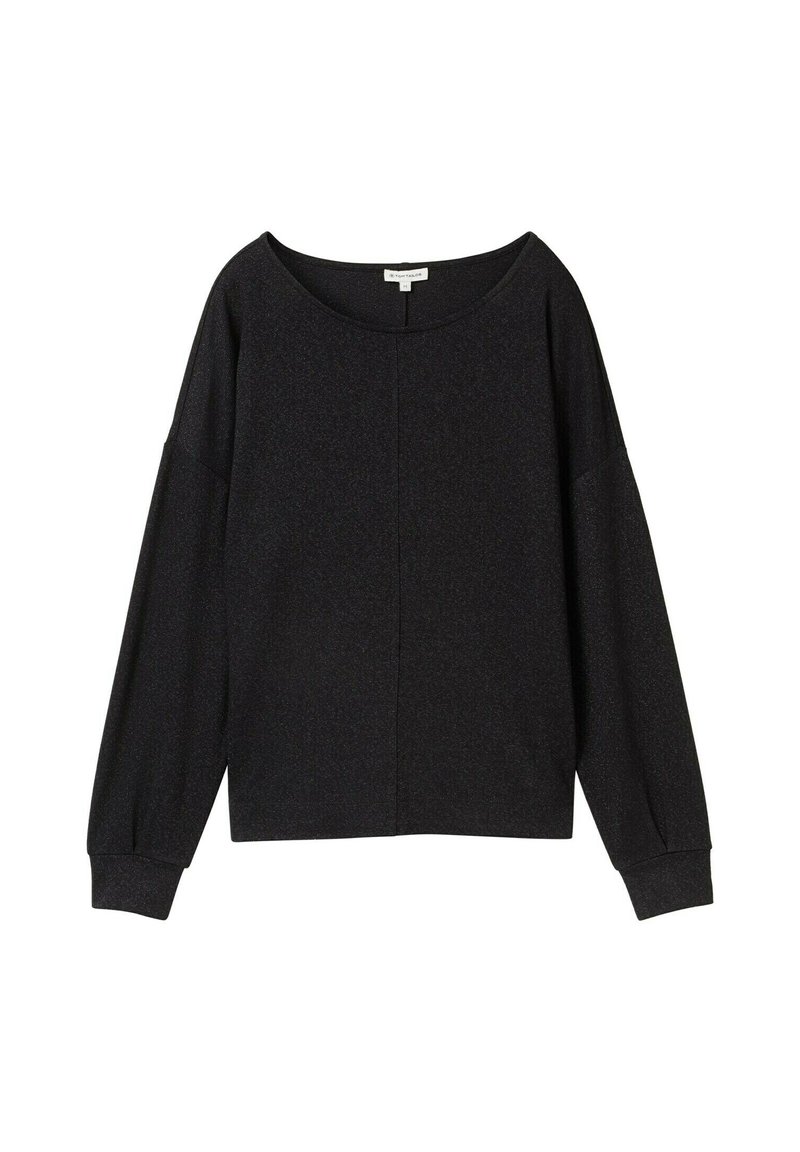 Pullover nero a maniche lunghe con scollo ampio, spalle basse e una vestibilità rilassata. Texture morbida con dettagli di cucitura minimi.