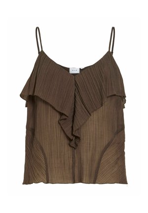 Blouse marron sans manches avec fines bretelles, tissu plissé et détail à volants superposés le long de l'encolure et à l'avant.