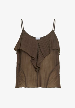 Blouse marron sans manches avec fines bretelles, tissu plissé et détail à volants superposés le long de l'encolure et à l'avant.