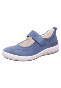 Scarpa in suede blu con suola in gomma bianca, fascia elastica e interno in rete. Presenta una punta arrotondata e pannelli laterali texturizzati.