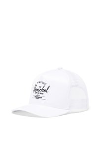 Cappellino trucker bianco con logo e testo stampati in nero sulla parte anteriore, caratterizzato da una visiera strutturata e lati in rete per ventilazione.