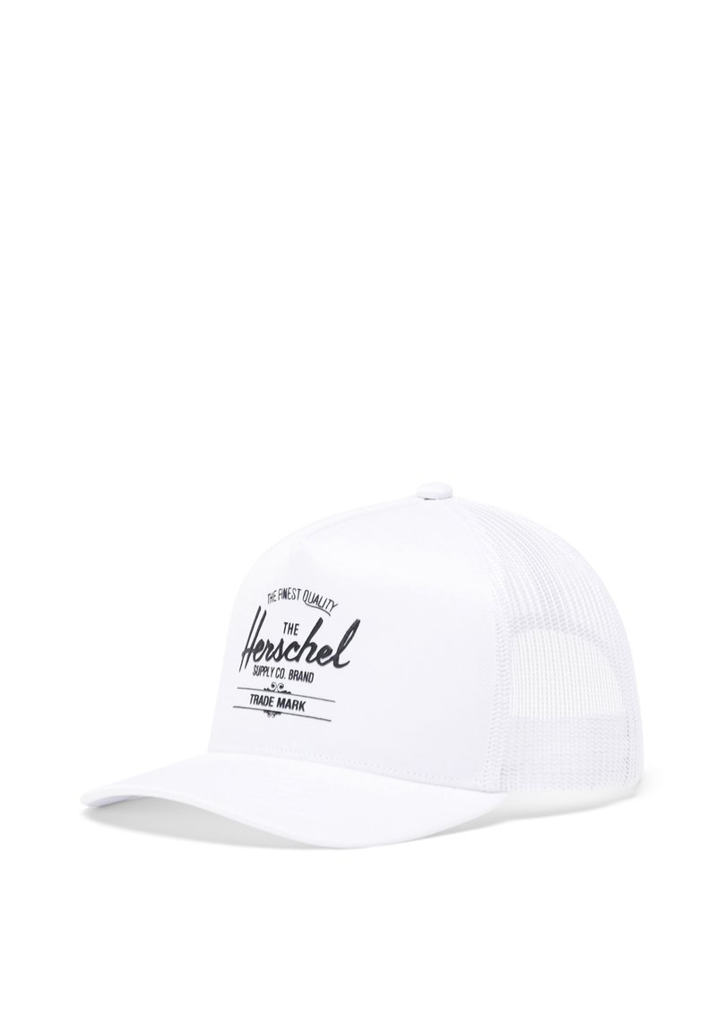 Cappellino trucker bianco con logo e testo stampati in nero sulla parte anteriore, caratterizzato da una visiera strutturata e lati in rete per ventilazione.