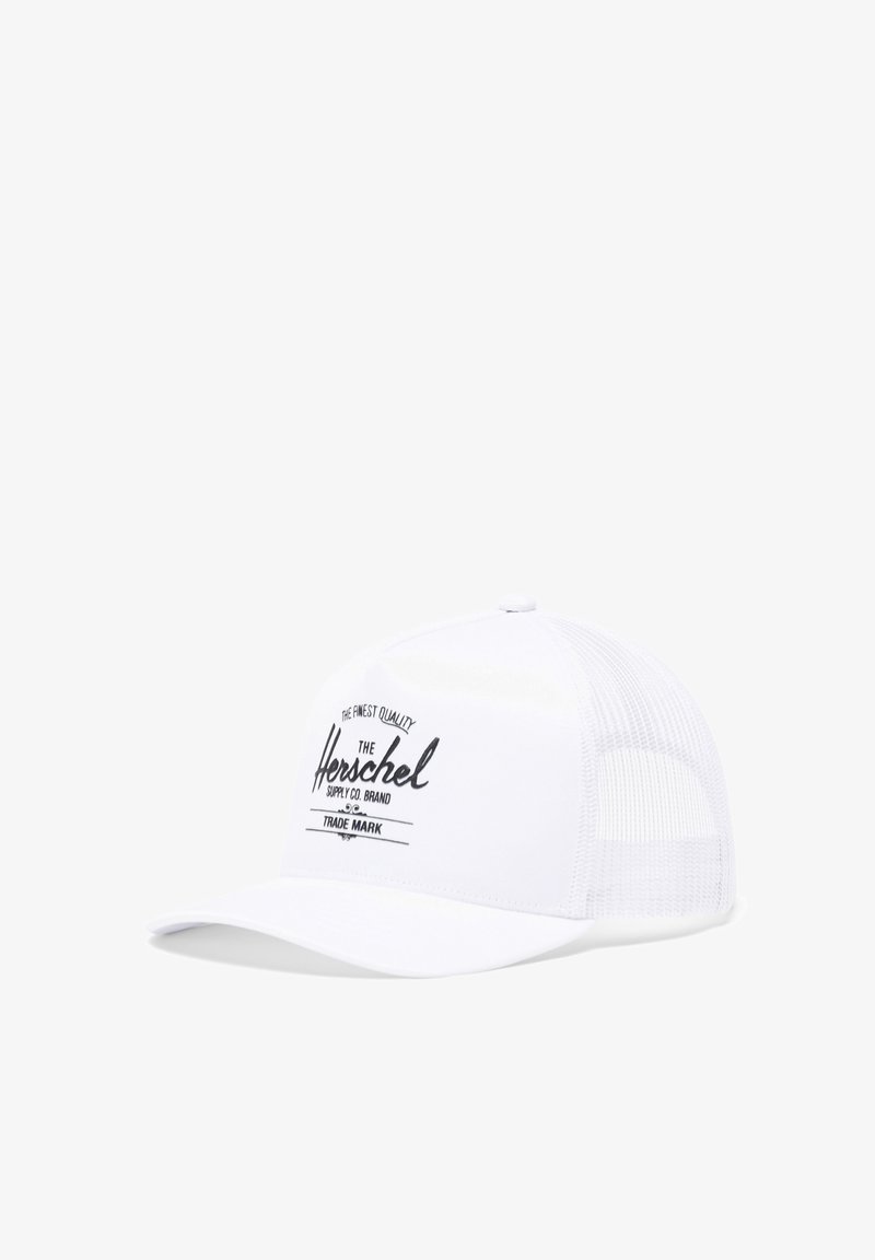 Weißer Trucker-Cap mit schwarzem Drucklogo und -text auf der Vorderseite, ausgestattet mit einem strukturierten Schirm und Netzseiten für Belüftung.