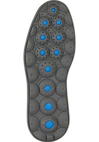 Sola di scarpa nera con motivi circolari in rilievo e accenti blu. Presenta perforazioni per la traspirabilità e una finitura liscia e testurizzata.
