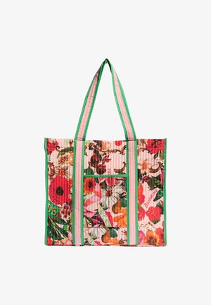 Quilted tote bag with green edges, pink vertical stripes, and a colorful floral pattern featuring red, orange, and white flowers and a front pocket.