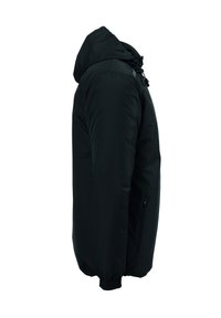 Zwarte gewatteerde jas met een capuchon, voorzien van een ritsvak, elastische manchetten en een glad, gestructureerd exterieur voor warmte en comfort.