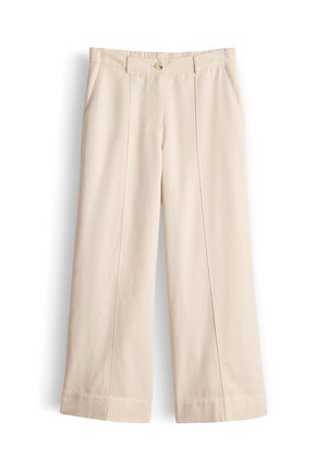 Beige Hosen mit weitem Bein, vorn mit Biesen, seitlichen Taschen, Knopfverschluss und einem Bund mit Gürtelschlaufen, vor einem schlichten Hintergrund dargestellt.