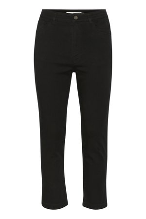 Svarte denim bukser med rett snitt, med fem lommer, front lukking med knapp og kontraststing langs sømmene.