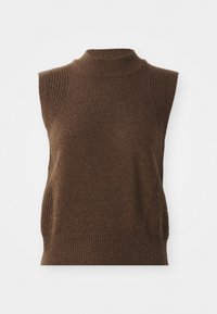 Brauner ärmelloser Stricktop mit Stehkragen, gerippter Textur und seitlichen Panelelementen. Weiches Wollmischmaterial mit einer figurbetonten Silhouette.